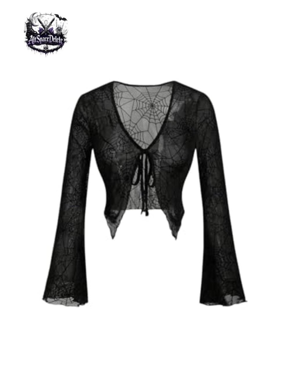 Gothic Spiderweb Bell Sleeve Tie Front Mesh Crop Top V Neck